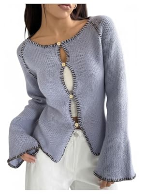 SweatyRocks Womens Open Front Button Up Hollow Out Cardigan Contrast Crew Neck Knit Lightweight Sweater Fall Clothes