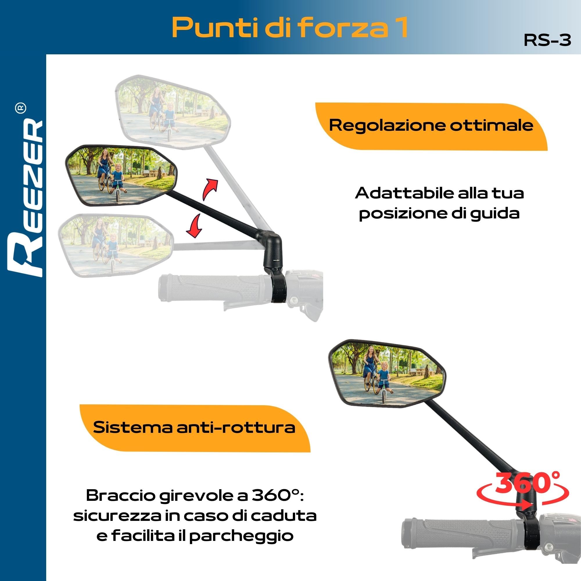 REEZER - Specchietto retrovisore per bicicletta RS03 - Specchietto per e-bike - Specchietto per monopattino elettrico - Per manubri da 22 a 25,4 mm - Regolabile a 360° SINISTRO