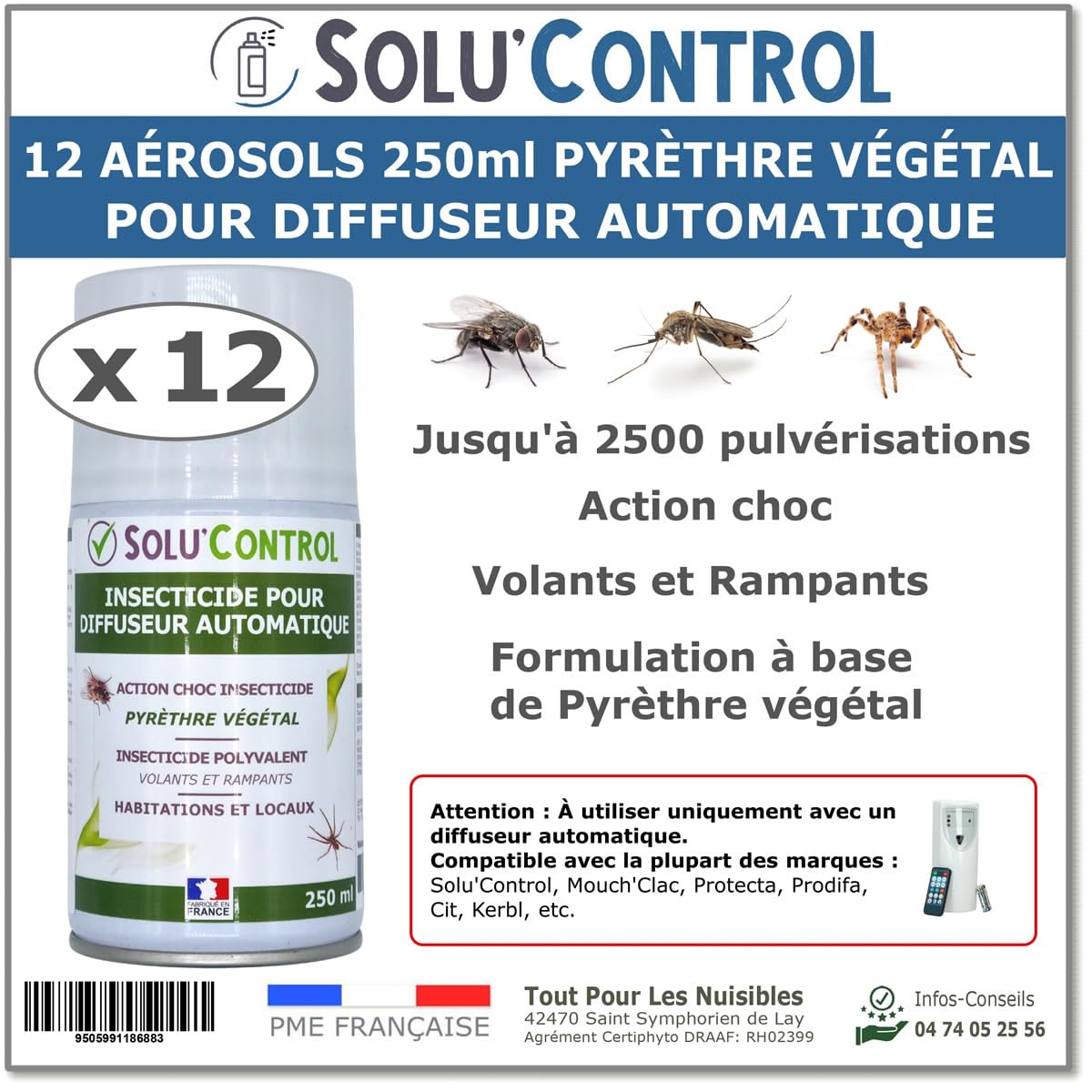12 Aérosols Insecticide 250 ml au Pyrèthre Végétal - Compatible Diffuseur Automatique - Action Choc Contre Volants et Rampants