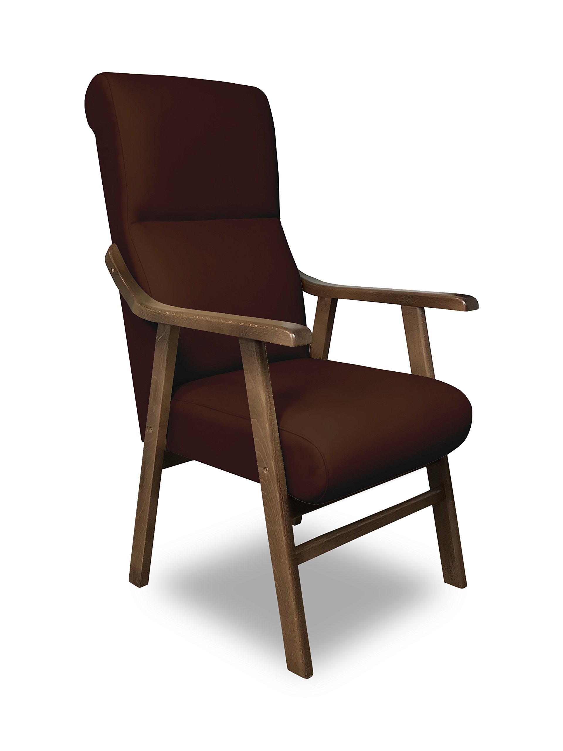 Butaca Boston, Estructura de Madera de Haya y Nogal. Tapizado en Polipiel Color Chocolate. Silla Geriátrica y de Relajación para Comedor y Sala de Estar
