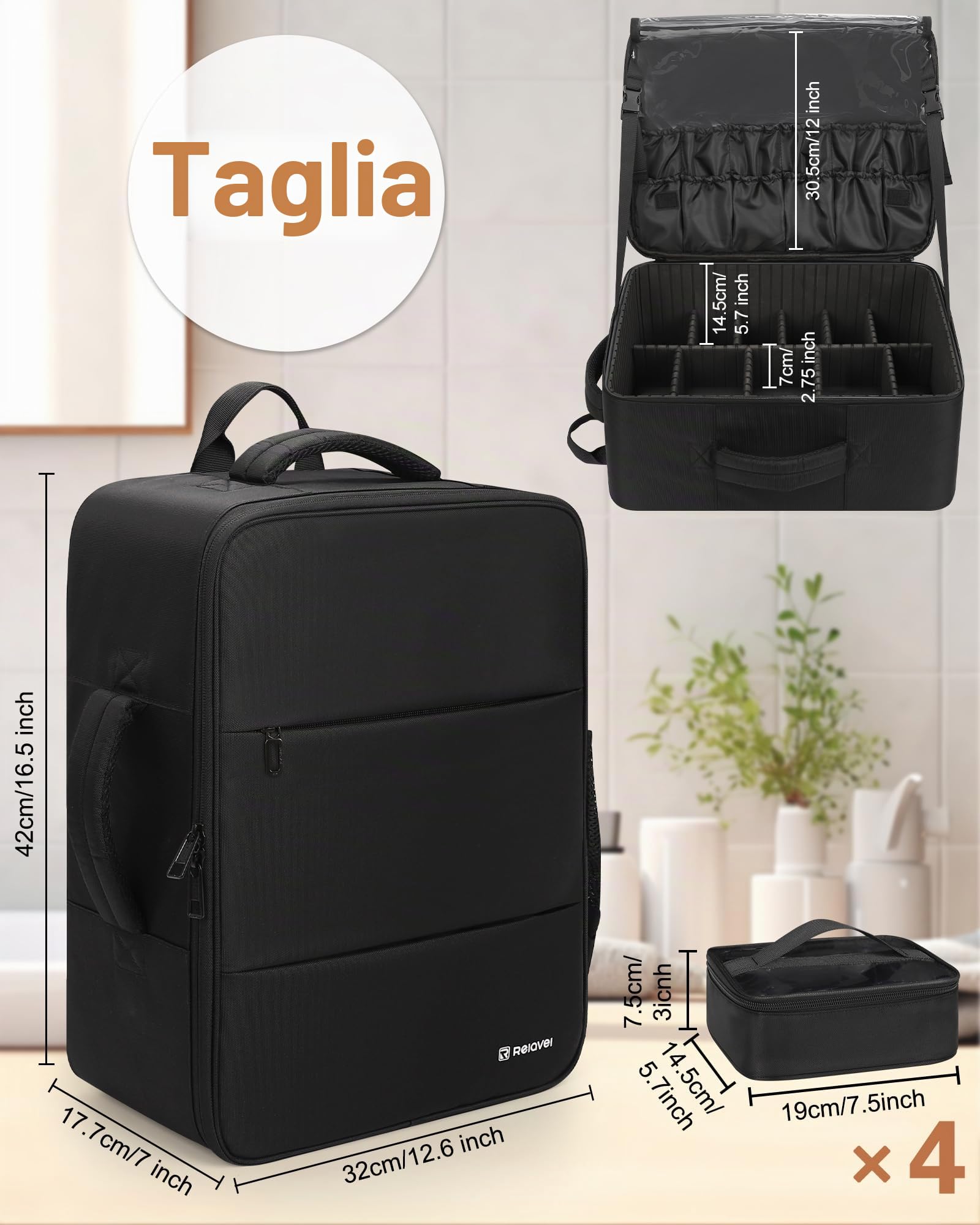 Relavel Set di valigie professionali da viaggio per trucchi – con 4 tasche trasparenti, scatola organizzatore con divisori per cosmetici, strumenti da parrucchiere e accessori per barbiere