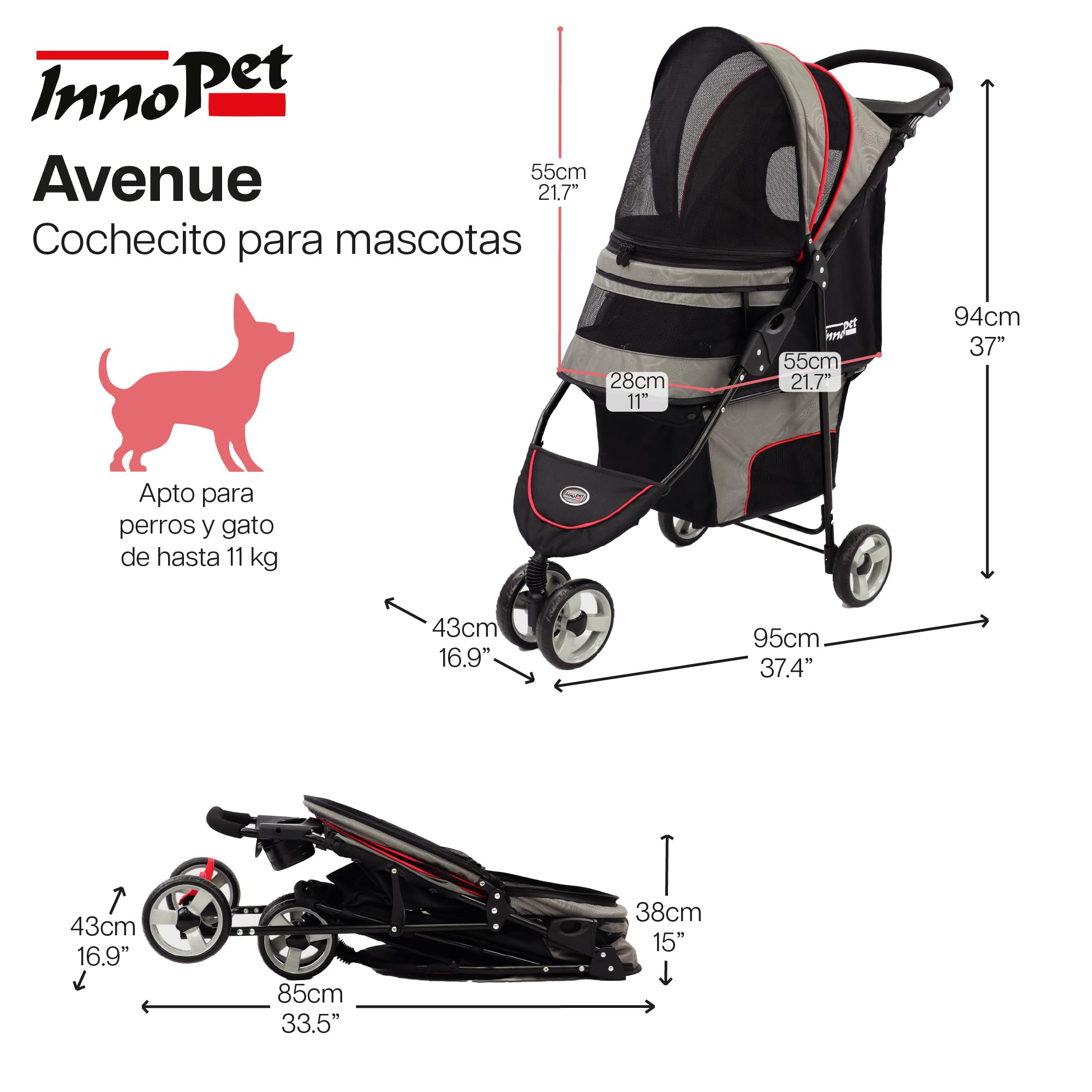 Innopet Avenue gris brillante/rojo - Carrito urbano ligero para perros y gatos con cubierta de lluvia, correas de seguridad y cesta de almacenamiento