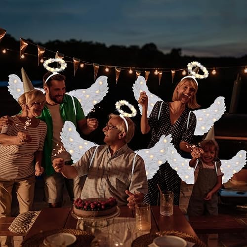 Miniatura 8 de Alas de ángel, alas de ángel iluminadas y halo con luces LED, disfraz de alas de ángel blancas para adultos, mujeres, niños, Halloween, Navidad
