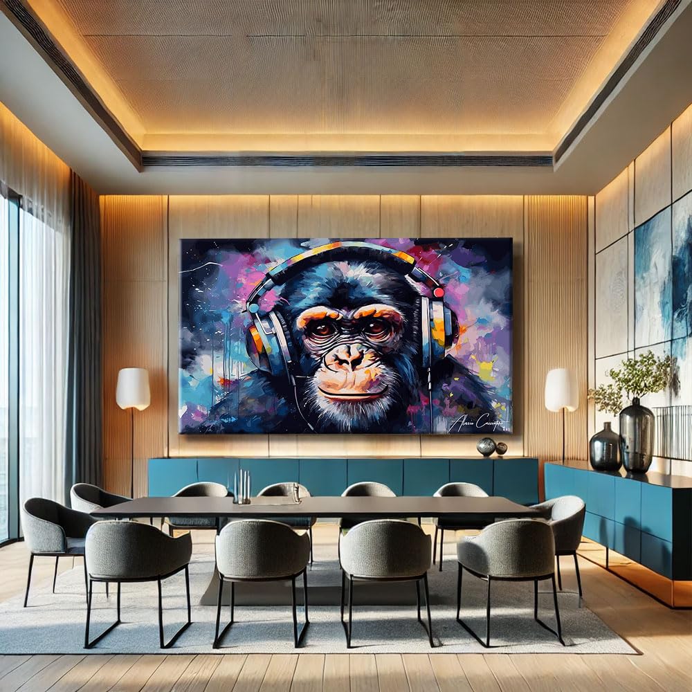 Alessio Cacciatore Tableau Singe Moderne - Cadre Décoration Murale Musique - Toile Décoration Dj - Impression Sur Toile Musique - Tableau Singe Pop Art Avec Cadre - Idee Cadeau Dj (40x30cm)