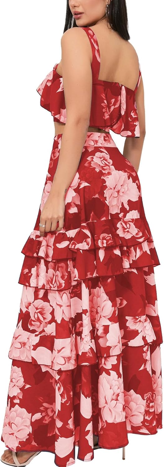 SOMTHRON Women's Summer 2 Piece Outfits Floral Print Strap Crop Tops Tiered Ruffle Skirt Sets Maxi Long Dress
