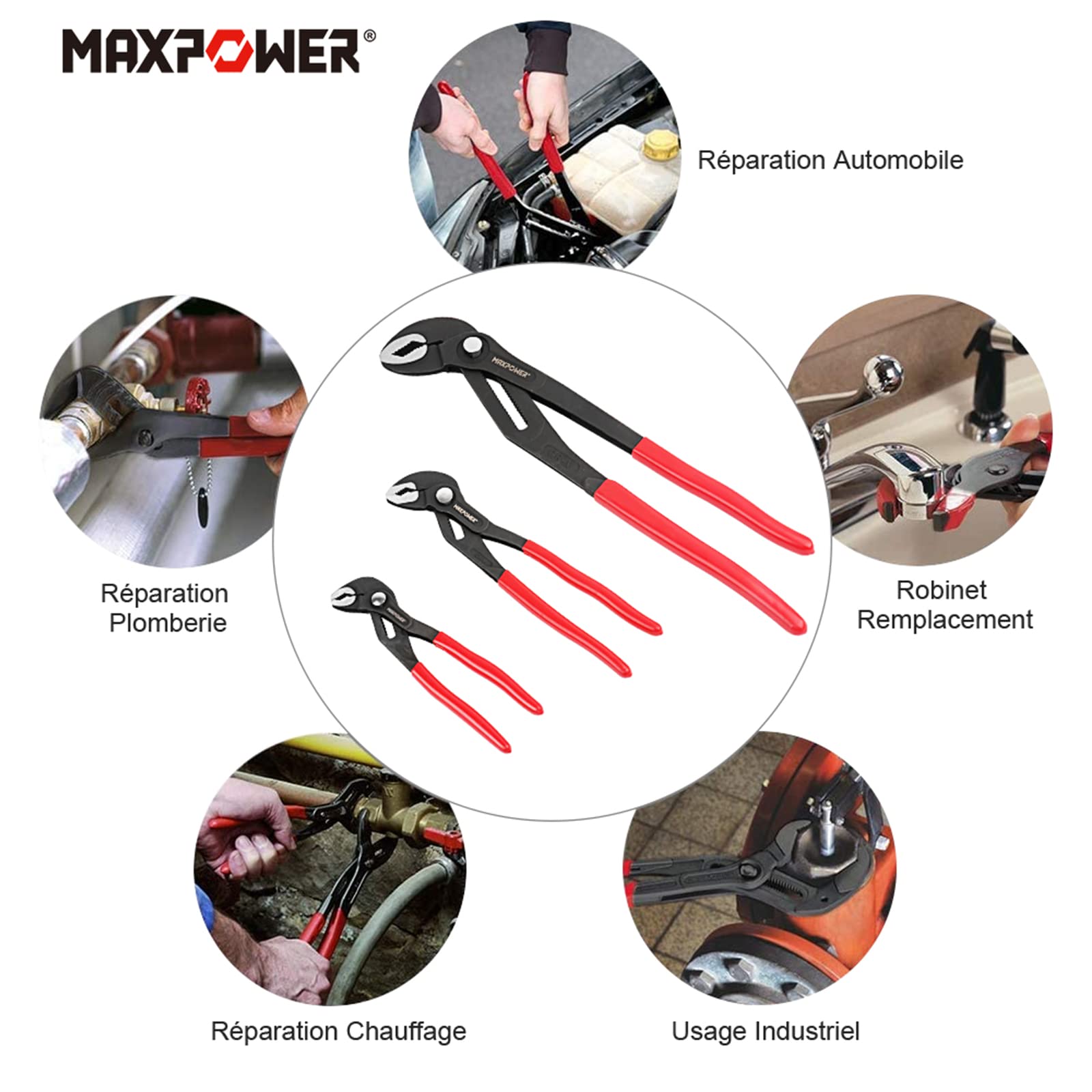 MAXPOWER Jeu de 3 Pinces Multiprises de Pointe 175 240 415 mm Acier Cr-V Réglage Rapide Bouton-Poussoir Antidérapante Durable Noir Rouge