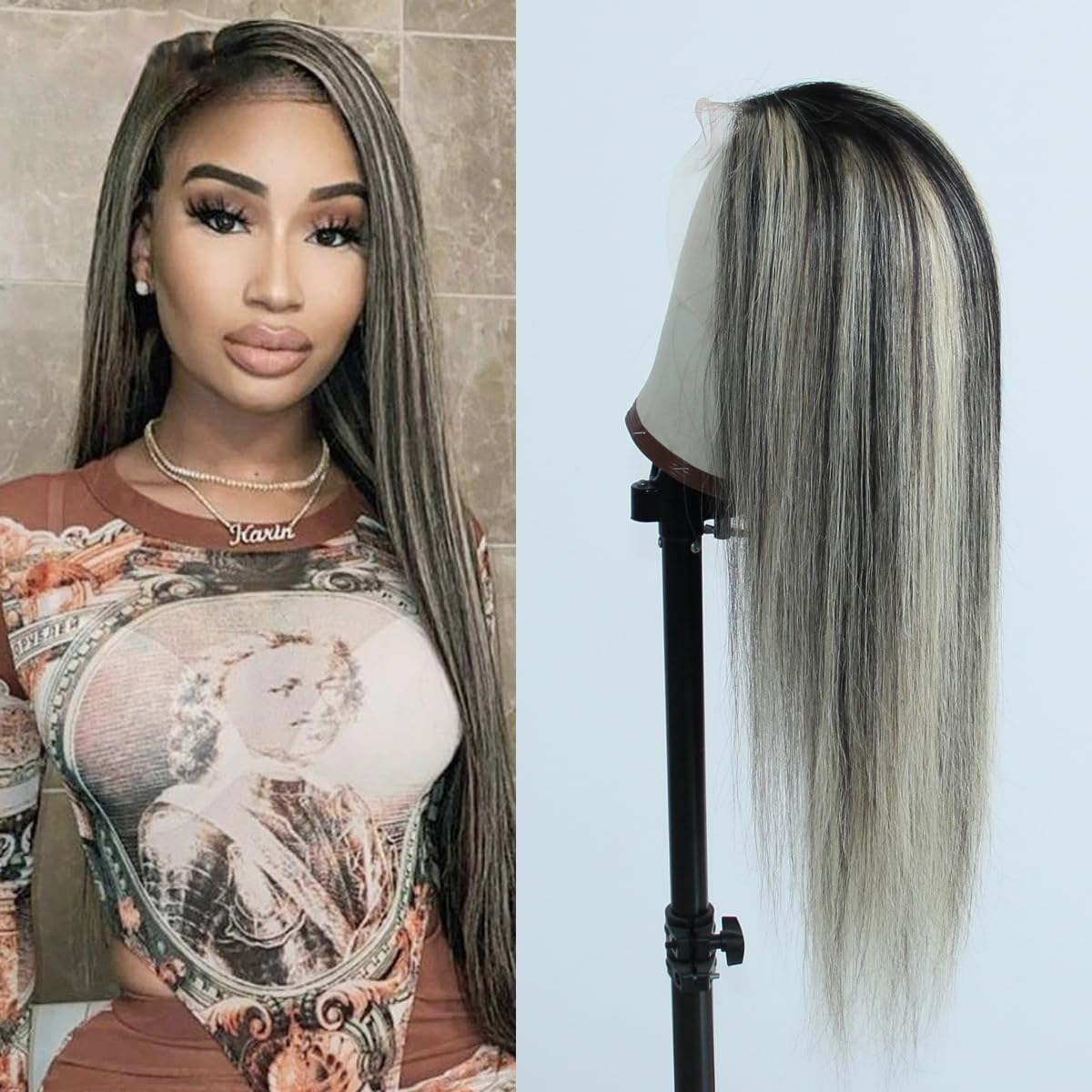 Aprilhair Pre-plucked Ombre #1B/613 Natural Black Platinum Blonde Highlight Lace Front Wigs Straight Glueless 150% Density Brazilian Virgin Human Hair