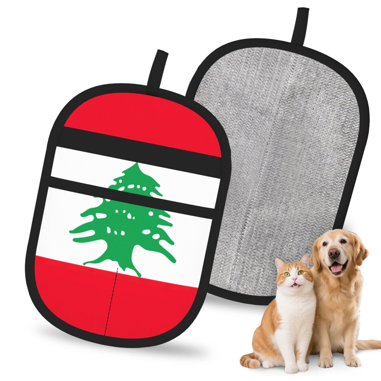 Flag Of Lebanon Print Pet Hair Remover Gloves Grooming Cleaning Accessory Reusable Deshedding Tool