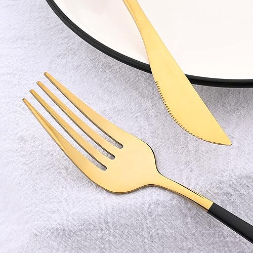 Miniatura 7 de Juego de 6 tenedores de ensalada, tenedores de postre, cubiertos de acero inoxidable 180 pulido de espejo de 7.48 pulgadas (negro dorado, 6 piezas)
