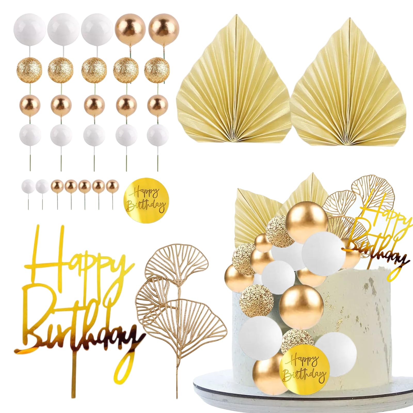 Champagne Rose Cake Decorations Balls, 32pcs Cake Decorationn Gold Gingko Leaves, Paper Fan Cake Decorations Cake Decorationi Boho White Gold Ball for Birthday Wedding (Gold & White)