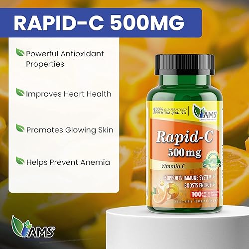 Miniatura 2 de America Medic & Science Rapid-C - Suplemento de vitamina C de 500 mg (paquete de 3 100 tabletas), refuerzo de energía, apoyo diario del sistema