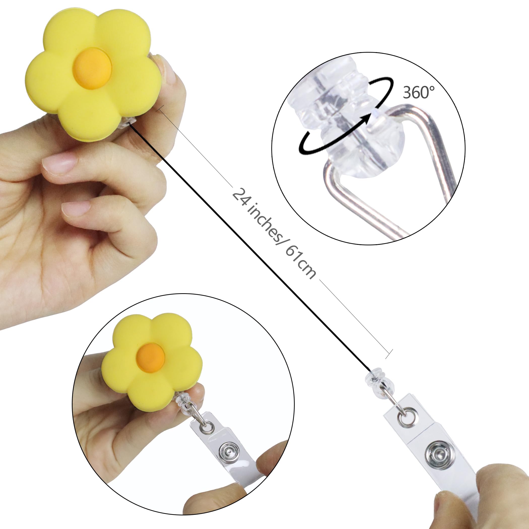 6Pcs Flower Retractable Badge Holders, Cute Colorful Badge Reels with 24 inch Retractable Cord Clip, Multi-colored, 1.8 inches - Image 3