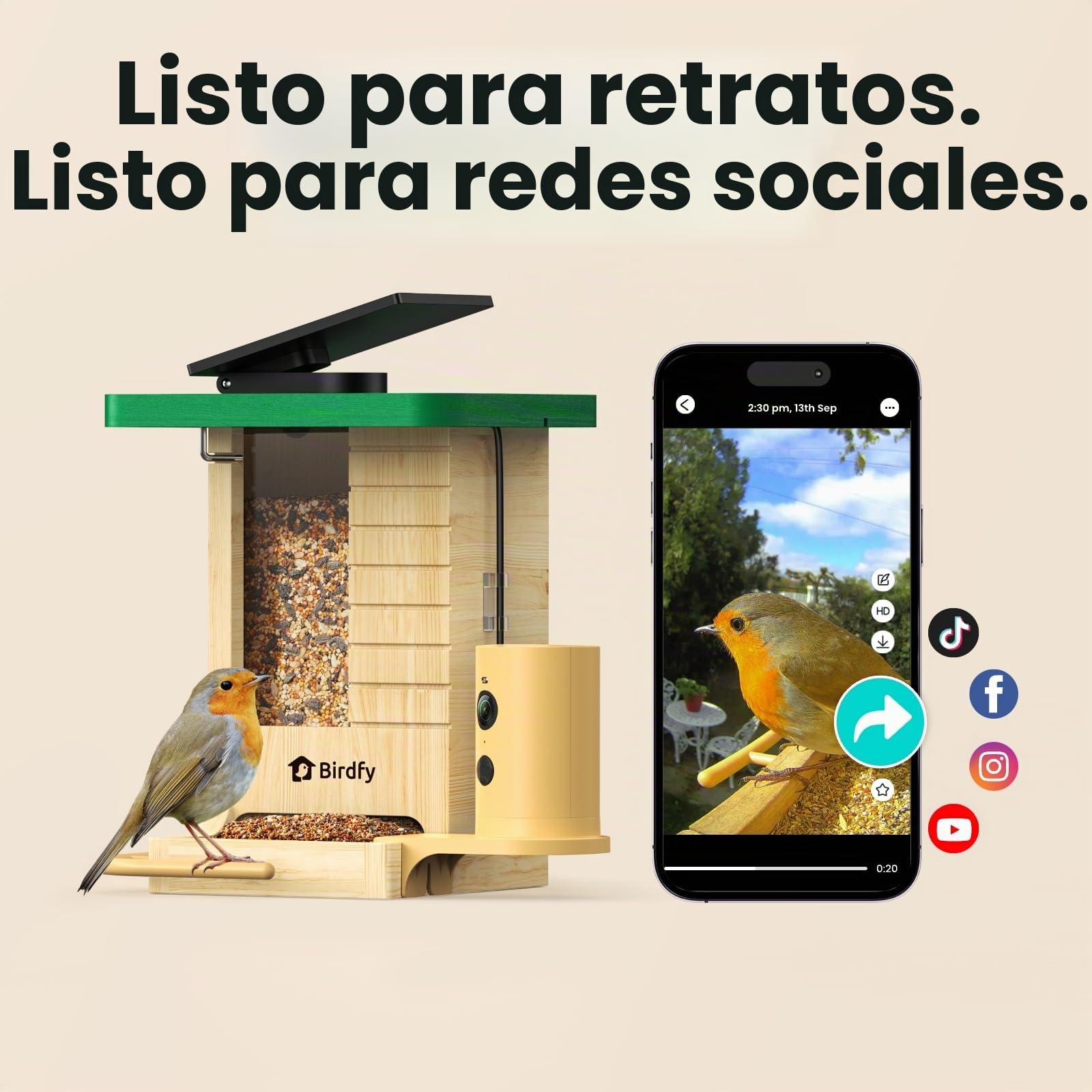 Smart Bird Feeder with Camera, Birdfy Bird Feeder Made of Wood, Solar Powered, AI Detection for 6000+ Bird Species, 1080P Portrait, Weatherproof, App Live View, Youtube & Facebook Streaming