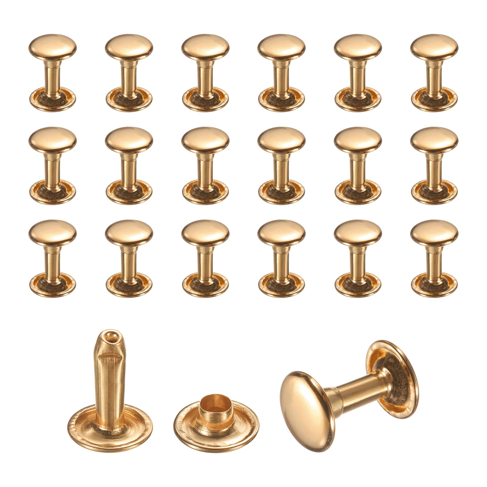 sourcing map 50 Sets Leather Rivets, 9mm Double Cap Rivets, 12mm Height Tubular Metal Studs for Leather Craft Repair and Decoration DIY Clothes, Shoes, Bags, Belts, Light Gold