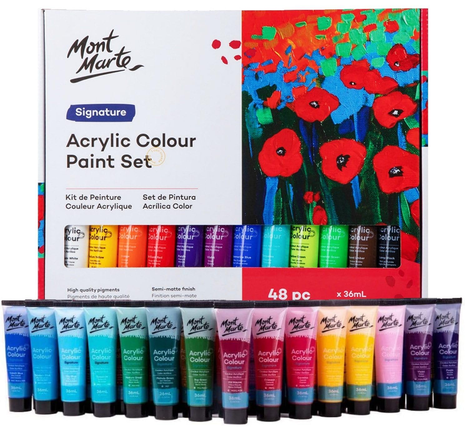 MONT MARTE Acrylic Paint Set Premium - 48 pieces, 36ml tubes - Ideal for Acrylic Painting - Brilliant Lightfast Colours with great Opacity