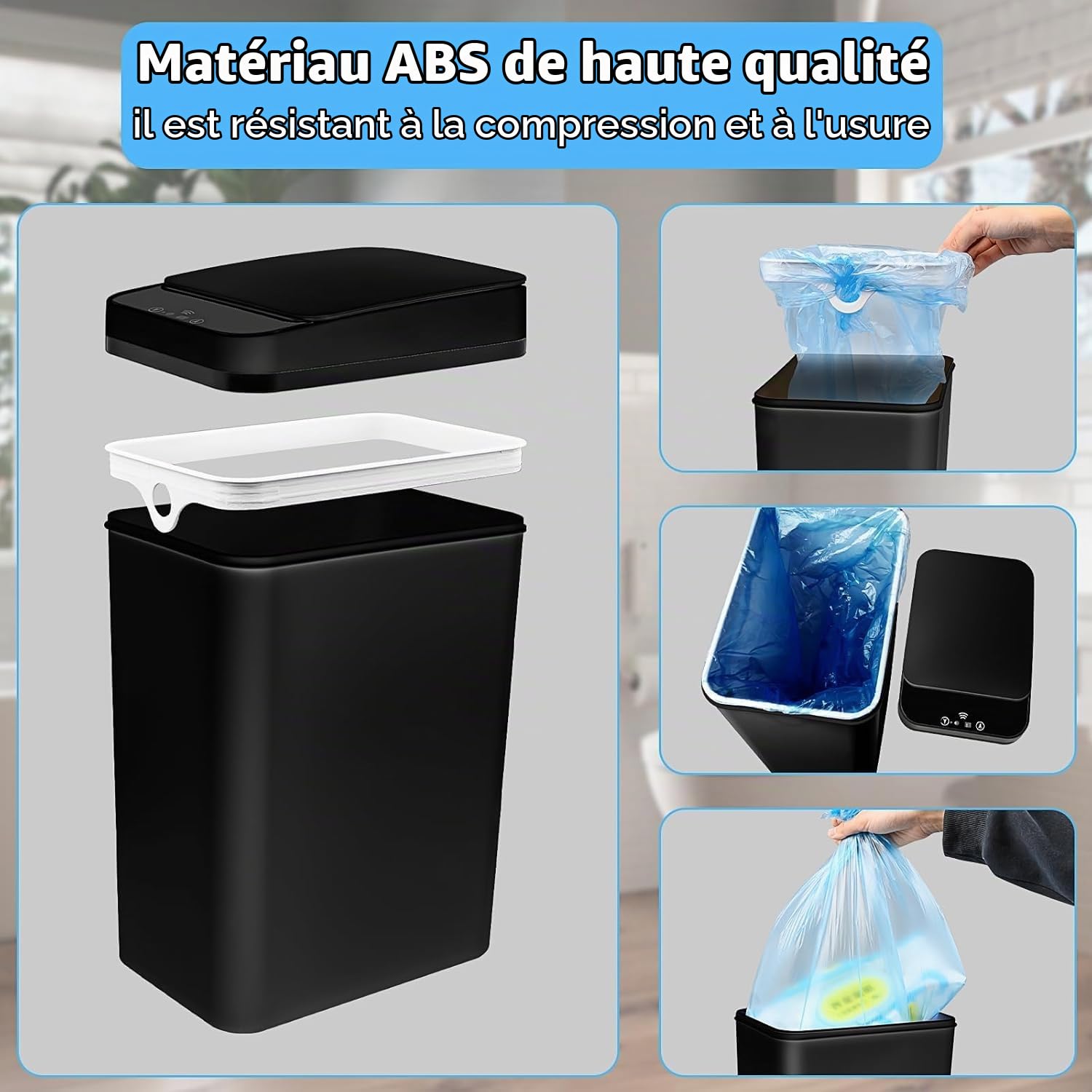 3 Pack Poubelle Salle Bain, 12L Poubelle Automatique avec Couvercle, Corbeille à Détection de Mouvement, Poubelle Fine à Épreuve des Chiens, Poulailler Étanche pour Chambre, Bureau, Cuisine (Noir)
