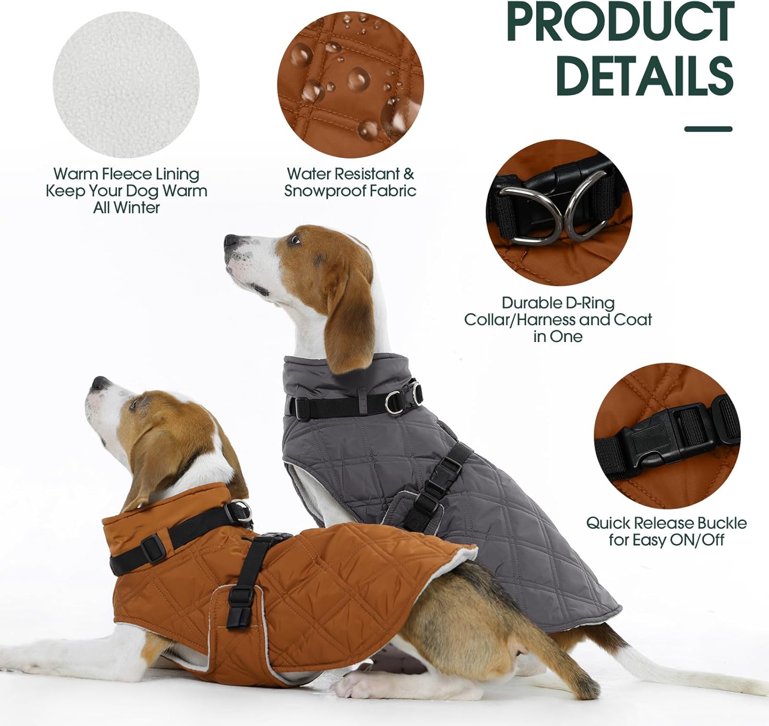Kuoser Dog Coat Warm Fleece Lining Turtleneck Dog Jacket with Harness Built-in, Adjustable Windproof Cold Weather Coats with Quick Release Buckle Pet Winter Snowsuit for Large Dogs, Khaki XL - Image 4