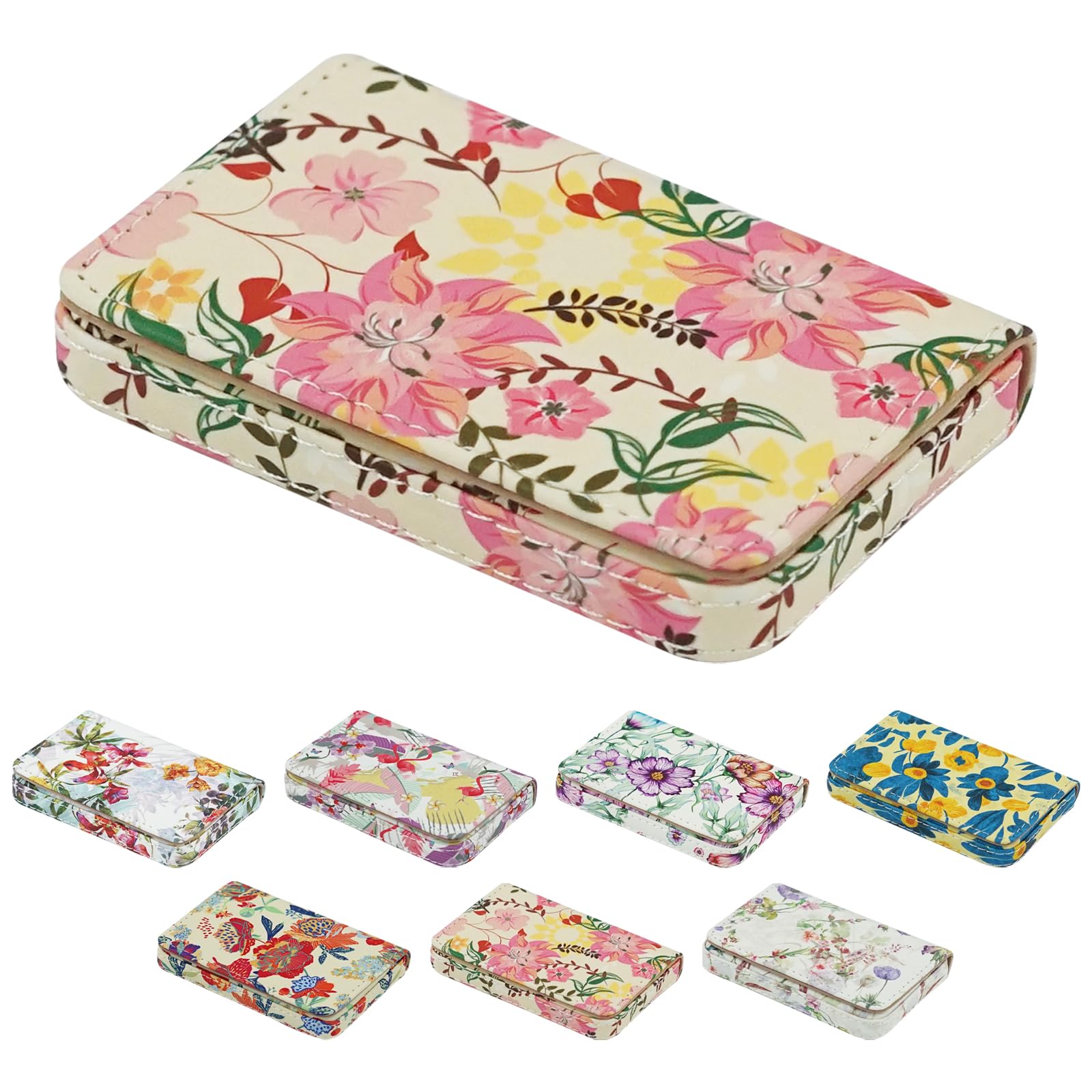 Business Card Holder，PU Leather Business Card Case Color Printing Pattern Card Holder Wallet，Pockets Magnetic Credit Card Holders for Men and Women - Red Yellow Flowers