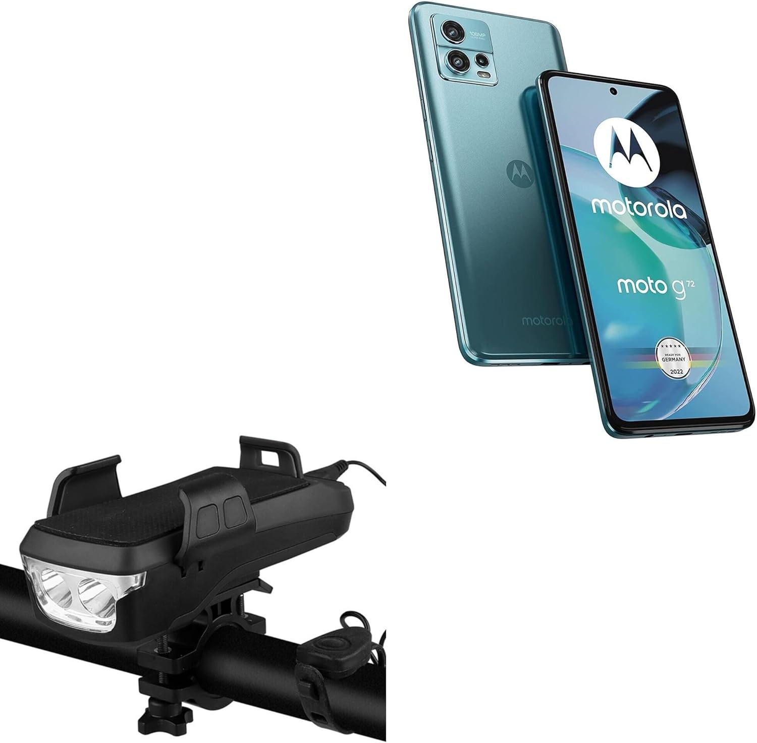 BoxWave Stand and Mount Compatible with Motorola Moto G72 - Solar Rejuva Bike Mount (4000mAh), Bike Mount with Solar Power Bank, Lights, and Horn - Jet Black