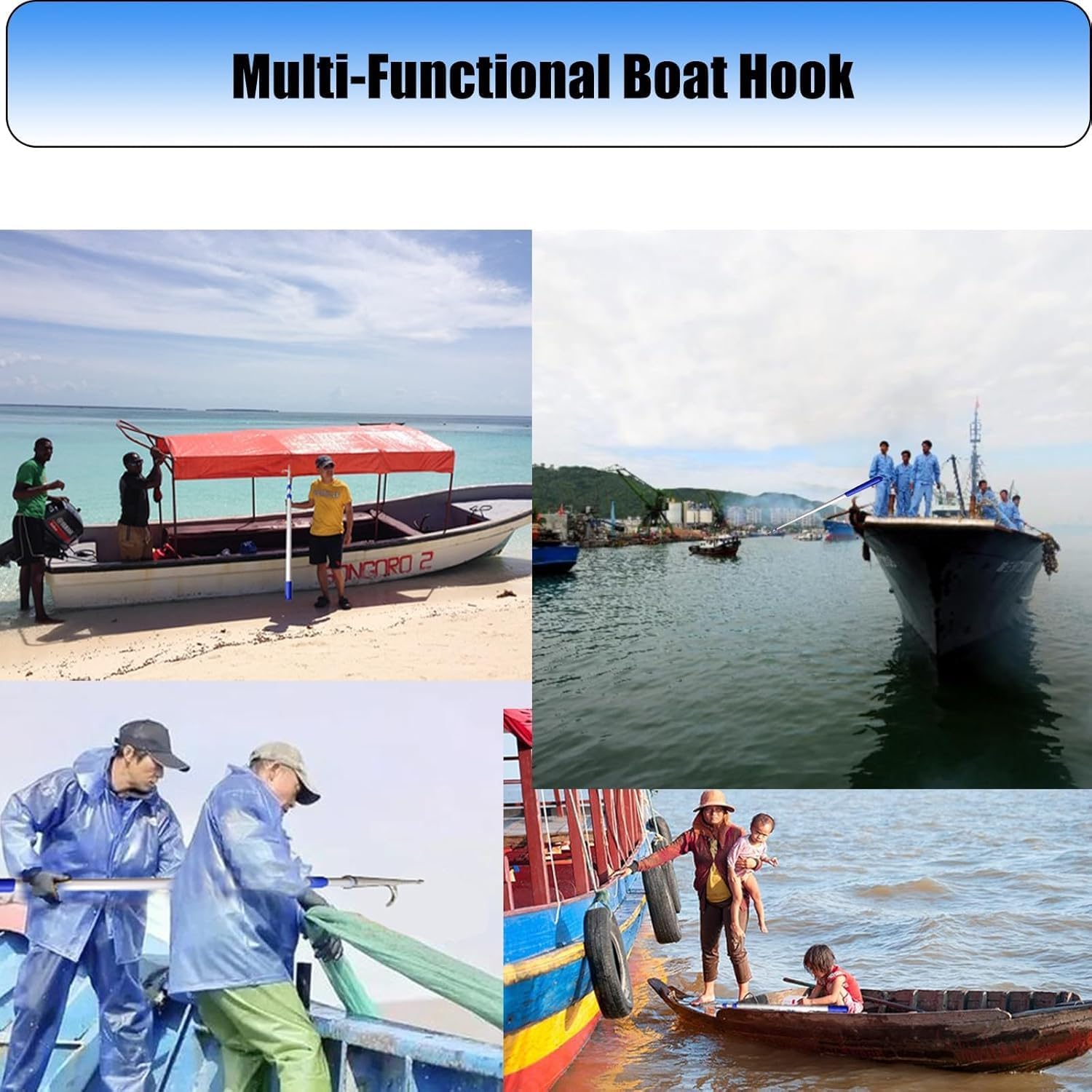 Heavy Duty Compact Versatile Extension Rod, Boat Hooks for Docking Stainless Steel with 1'' Aluminum Telescoping Pole, for Truck Cargo/RV/Yard/Garage, Boating Equipment