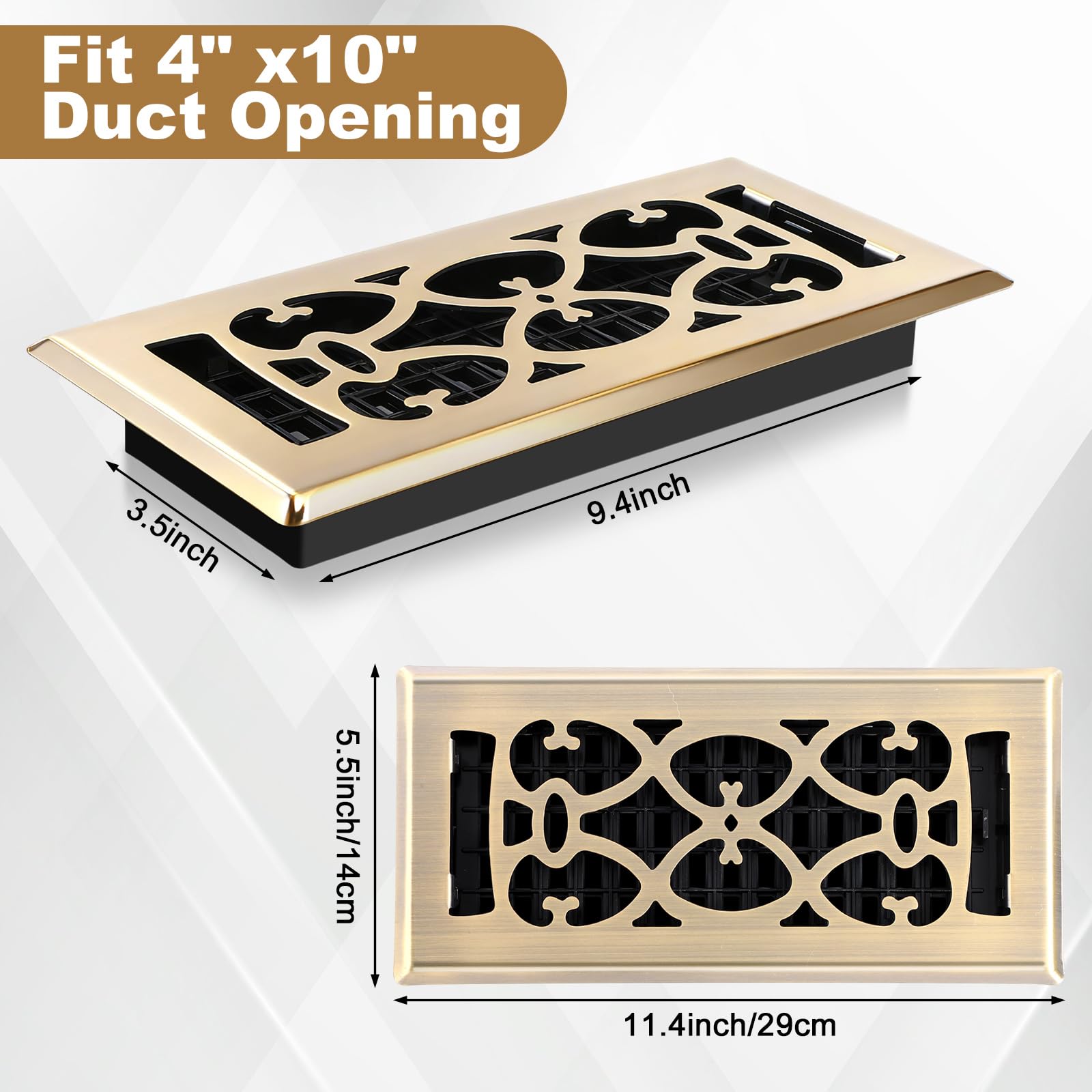 Tuanse Paquete de 10 cubiertas de ventilación de suelo de bronce de 4 x 10 pulgadas, resistentes y caminables, rejillas de dirección de flujo de aire, rejillas decorativas para rejillas de ventilación