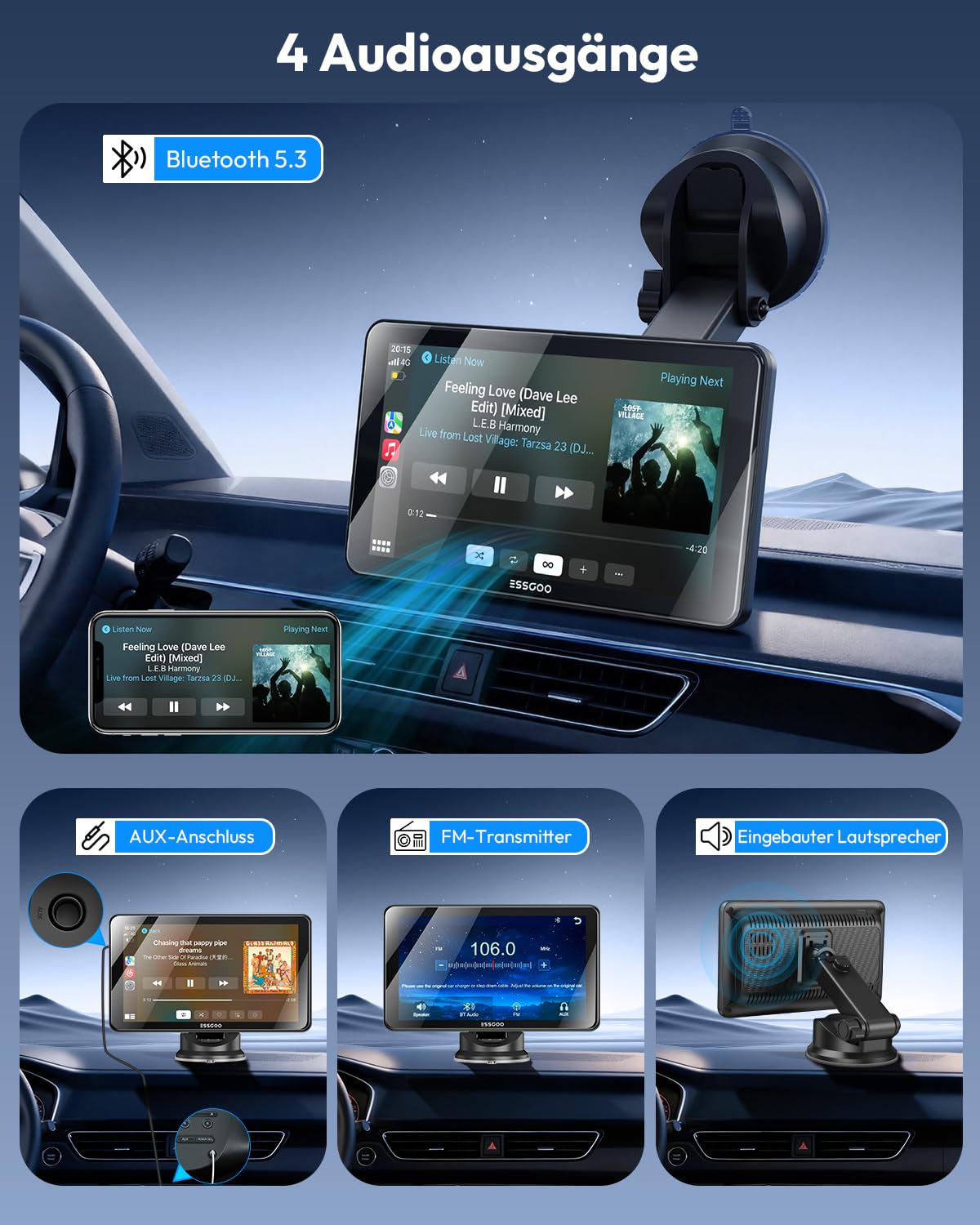 ESSGOO Carplay Android Auto Display mit Rückfahrkamera,7 Zoll Carplay Bildschirm für Apple/Android Auto/AirPlay/Mirror Link,Wireless Touchscreen GPS Navigation,mit Bluetooth5.3,AUX,FM,Sprachassistent