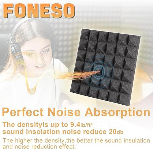 Miniatura 6 de Foneso Paquete de 12 paneles de espuma acústica, paneles de espuma a prueba de sonido de alta densidad de 12 x 12 x 2 pulgadas para paredes, paneles
