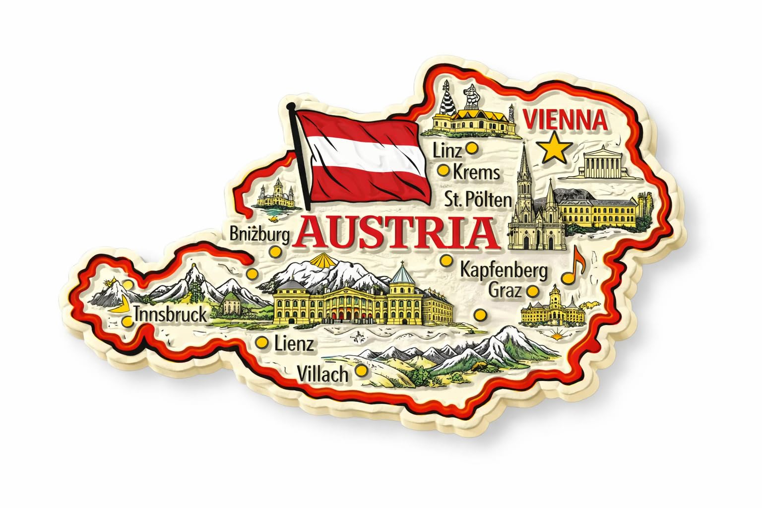 Austria Map Fridge Magnet, Wall Decor, Austrian Cultural Design with Cities & Landmarks, Red-White Decorative Art, Alpine Theme, 3D Design MDF Wood, 3–4 Inches Long, HD Print Glossy Laminate-image-15