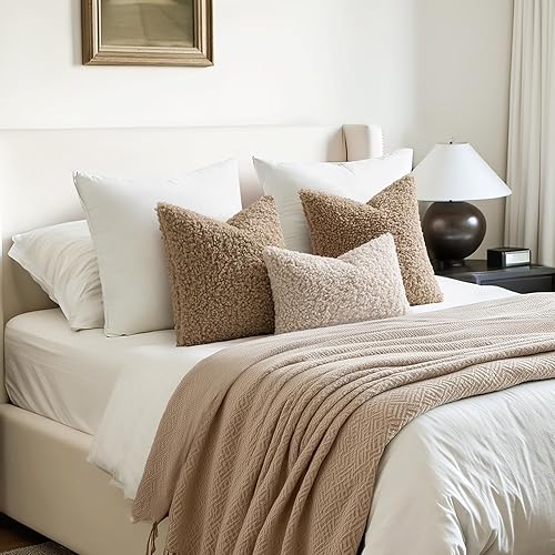 Miniatura 4 de Woaboy Juego de 2 fundas de almohada de piel sintética de 20 x 20 pulgadas, diseño de boucle neutro, decorativas, sherpa, mullidas, cojines de