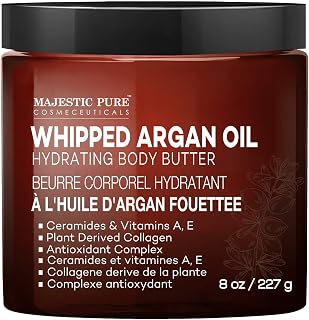 Majestic Pure Whipped Argan Oil Body Butter: Ceramides, Retinol, Vegan Collagen & Vitamin E - Anti-Aging Hydrator for Face & Body, 8oz