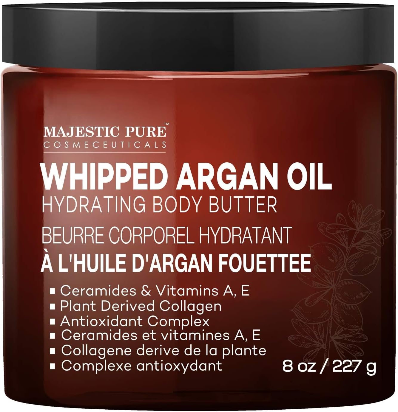 Whipped Argan Oil Body Butter for Women & Men - With Ceramides, Vitamin E & A & Vegan Collagen - For Skin, Face, & Appearance of Wrinkles & Fine Lines - 8oz
