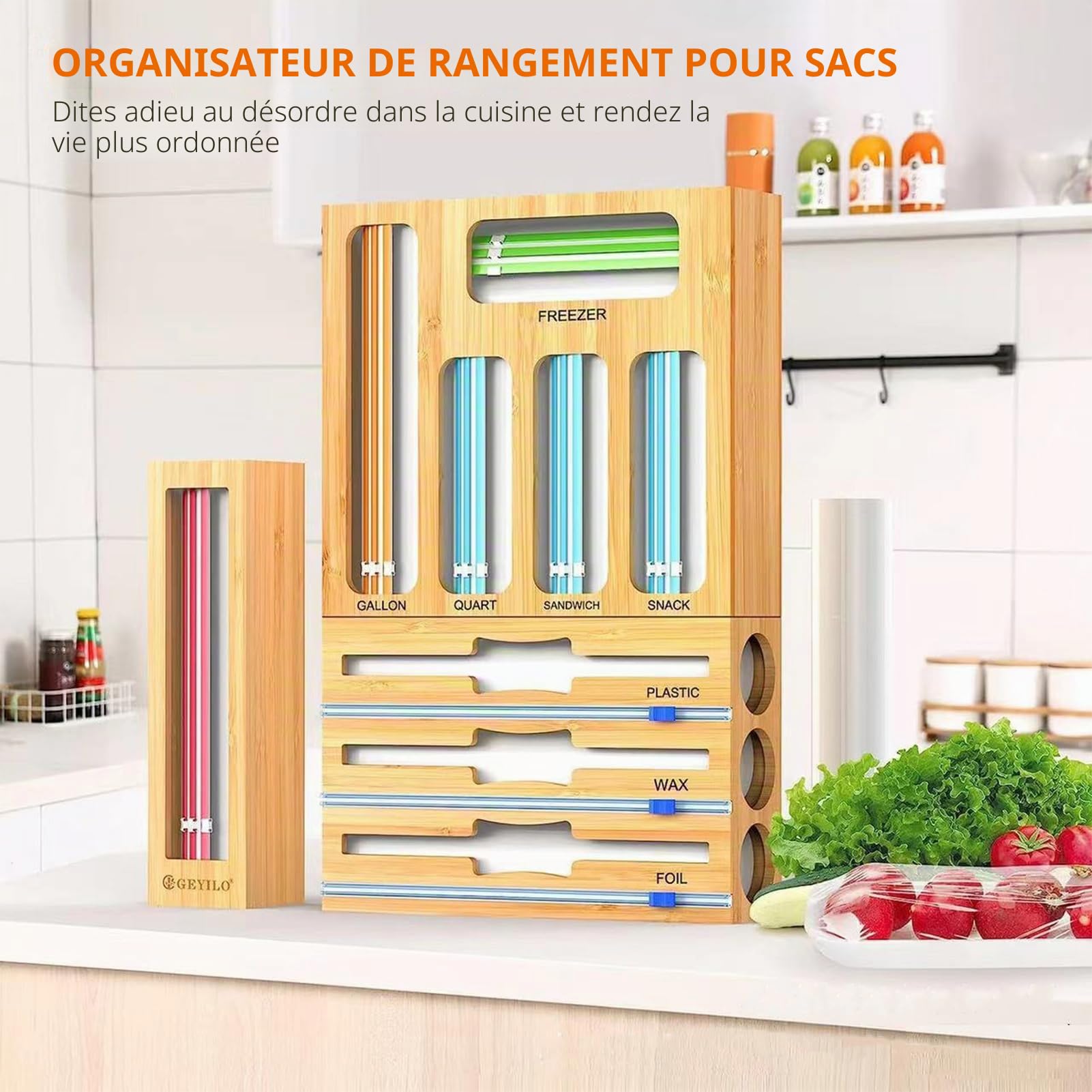 Lot de 3 coupe-capsules, distributeur de film d'aluminium et conservation de la fraîcheur, montage mural, 9 en 1, distributeur de film alimentaire, tiroir en bambou, pour cuisine et tiroirs