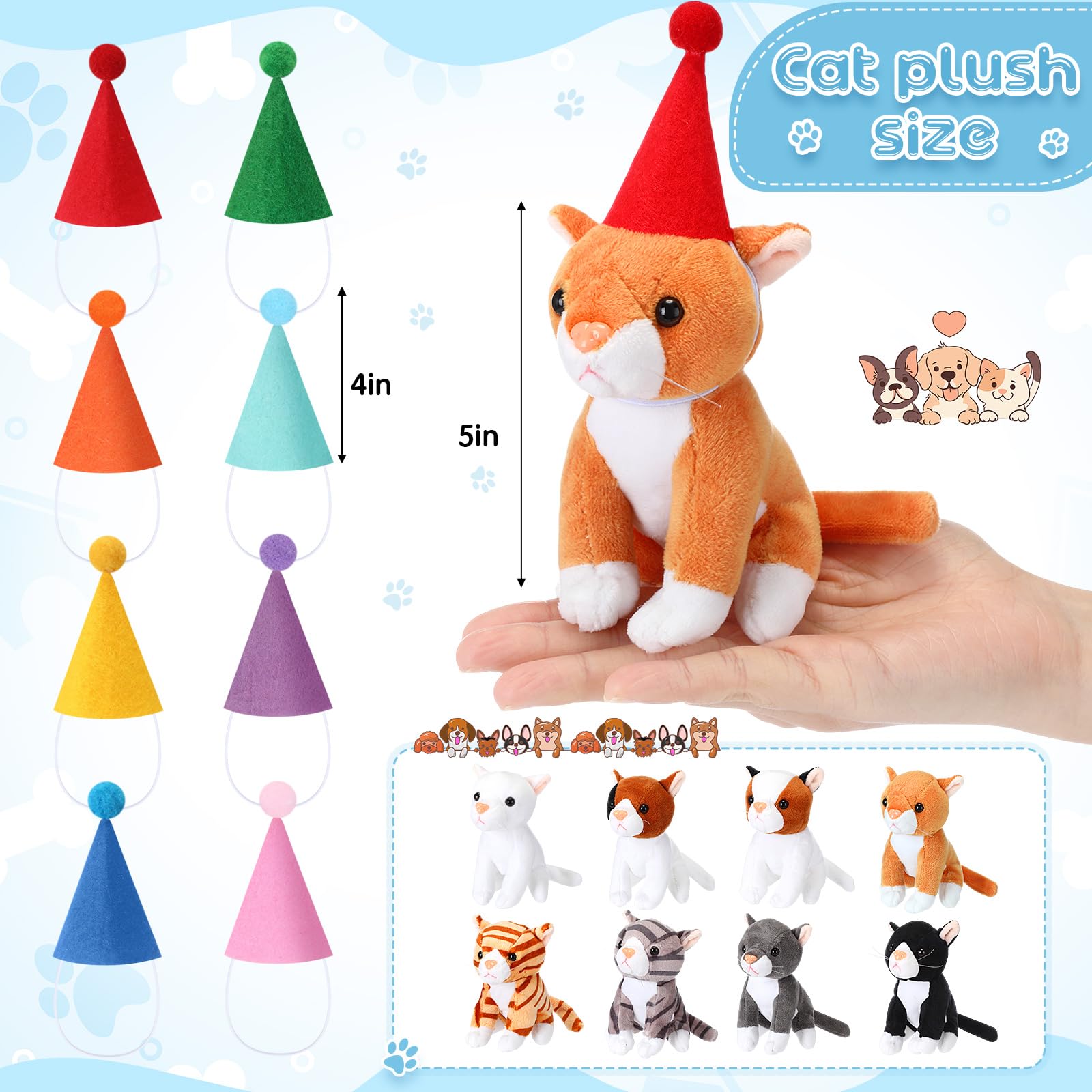 HyDren 25 piezas de regalos de fiesta de adoptar gato, incluye letrero de adoptar un gatito, 8 certificados de adopción de gatitos, 8 mini gatos de peluche, 8 sombreros de cumpleaños, 8 cajas de papel