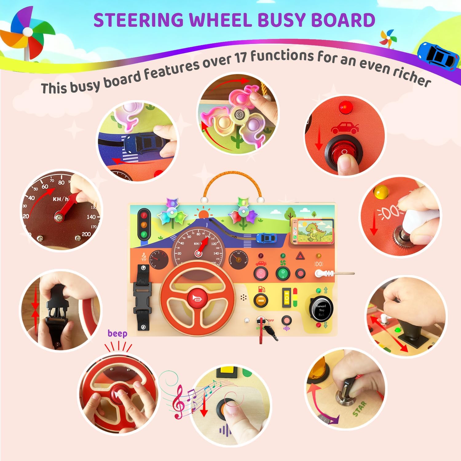 Montessori Wooden Busy Board with Steering Wheel & Driving Toys - Sensory Activity Boards for Toddlers 1-3, Car Themed Fidget Toy with Lights, Switches & Windmill Spinner, Travel Gift for Boys Girls