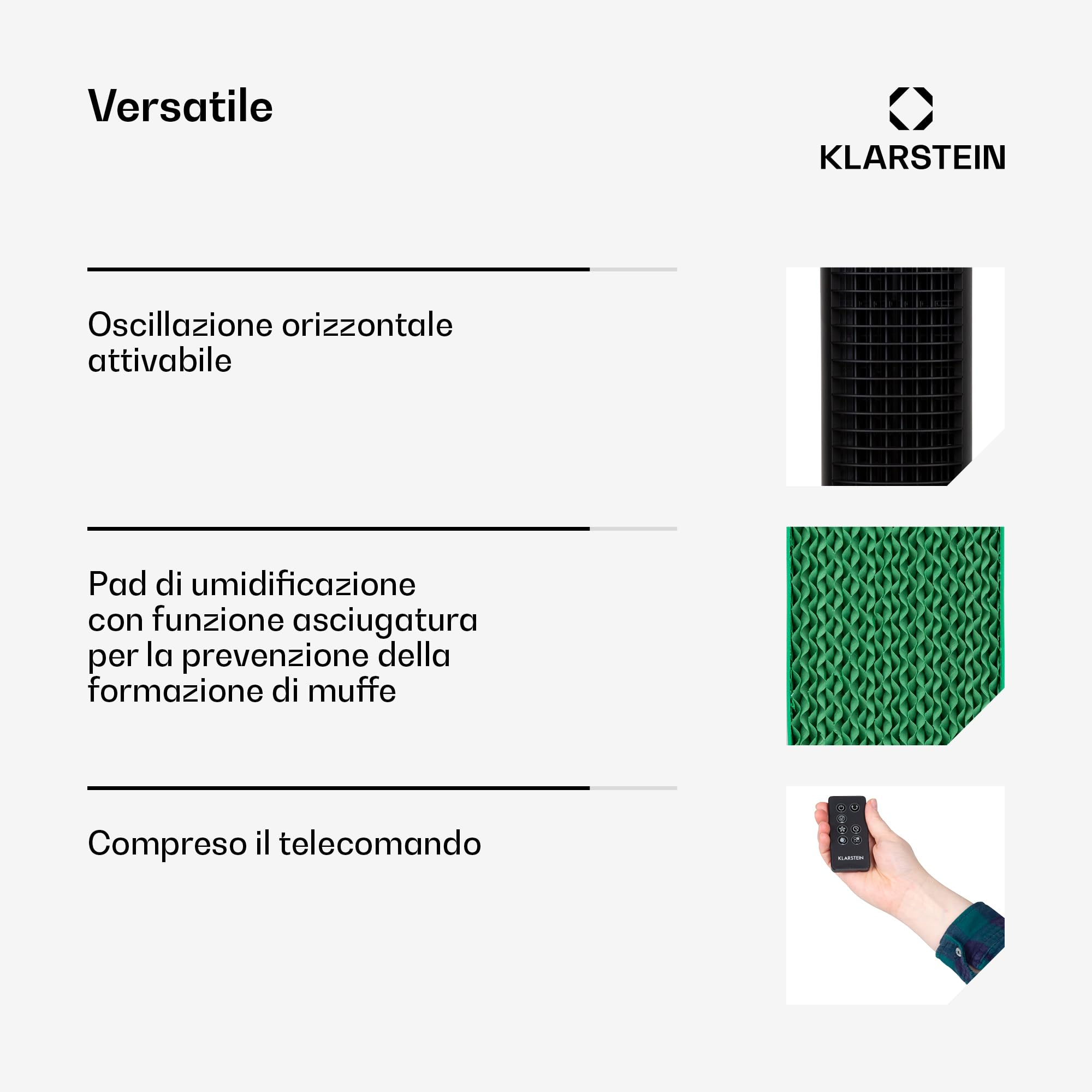 Klarstein Condizionatore Portatile Senza Tubo 80W, 5in1, Umidificatore, Climatizzatore Portatile Silenzioso con Night Mode, Ionizzatore, Ventilatore Aria Fredda, Raffrescatore 462m³/h, Serbatoio 8L