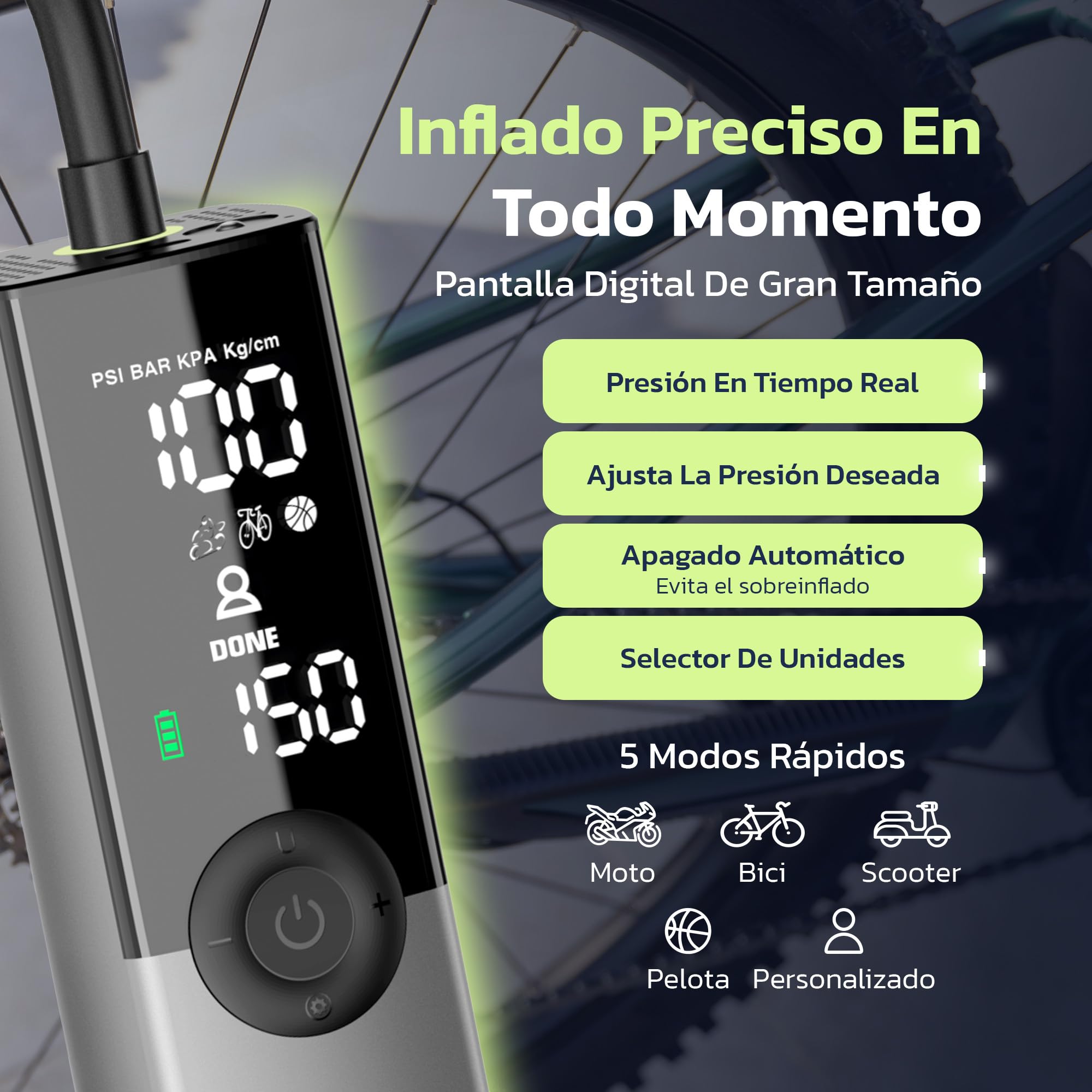 Woowind Ventus Ride Bomba Bicicleta, 150PSI/10,3Bar, Inflador Electrico, Inflado en 1 Minuto, Hinchador Bicicleta, Válvulas Presta, Schrader, Dunlop para Carretera, Montaña, E-bike, Apagado Automático