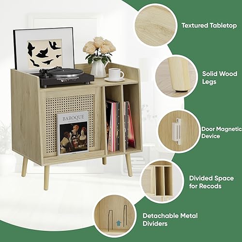 Miniatura 5 de Soporte grande para tocadiscos con armario de almacenamiento y revistero de ratán, mesa auxiliar de almacenamiento de discos de vinilo con patas de