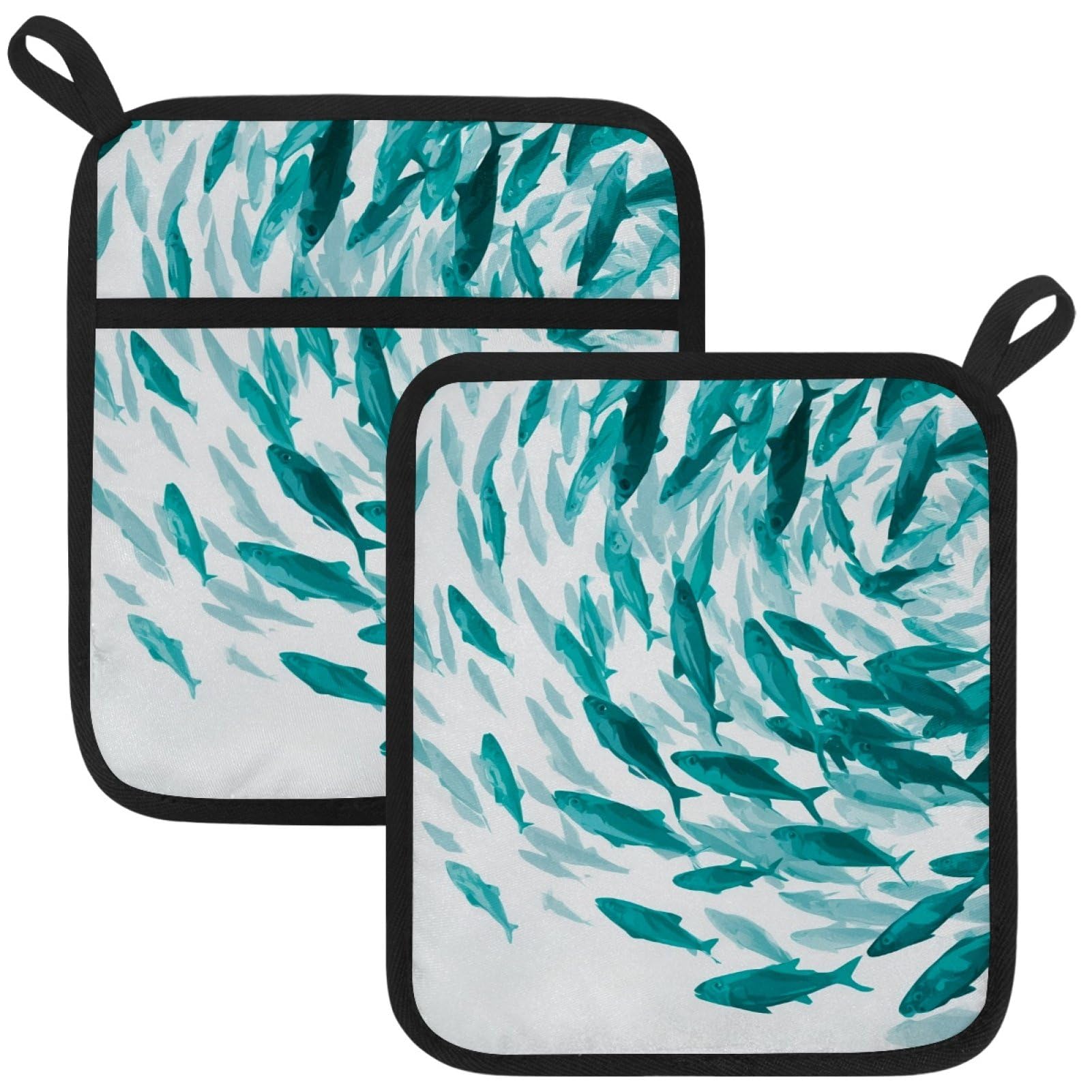 VAPOKF Ocean Fish Pot Holders with Pocket for Kitchen Heat Resistant Potholders Large Polyester-Cotton Square Oven Mitts Set