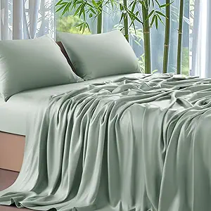 Shilucheng 100% Viscose Derived from Bamboo_ Sheets King Size 4pcs - Ultra Cooling & Silky Soft Bed Sheets, 16" Deep Pocket, Perfect for Hot Sleepers, Hotel Bedding Sheets (Sea Glass)
