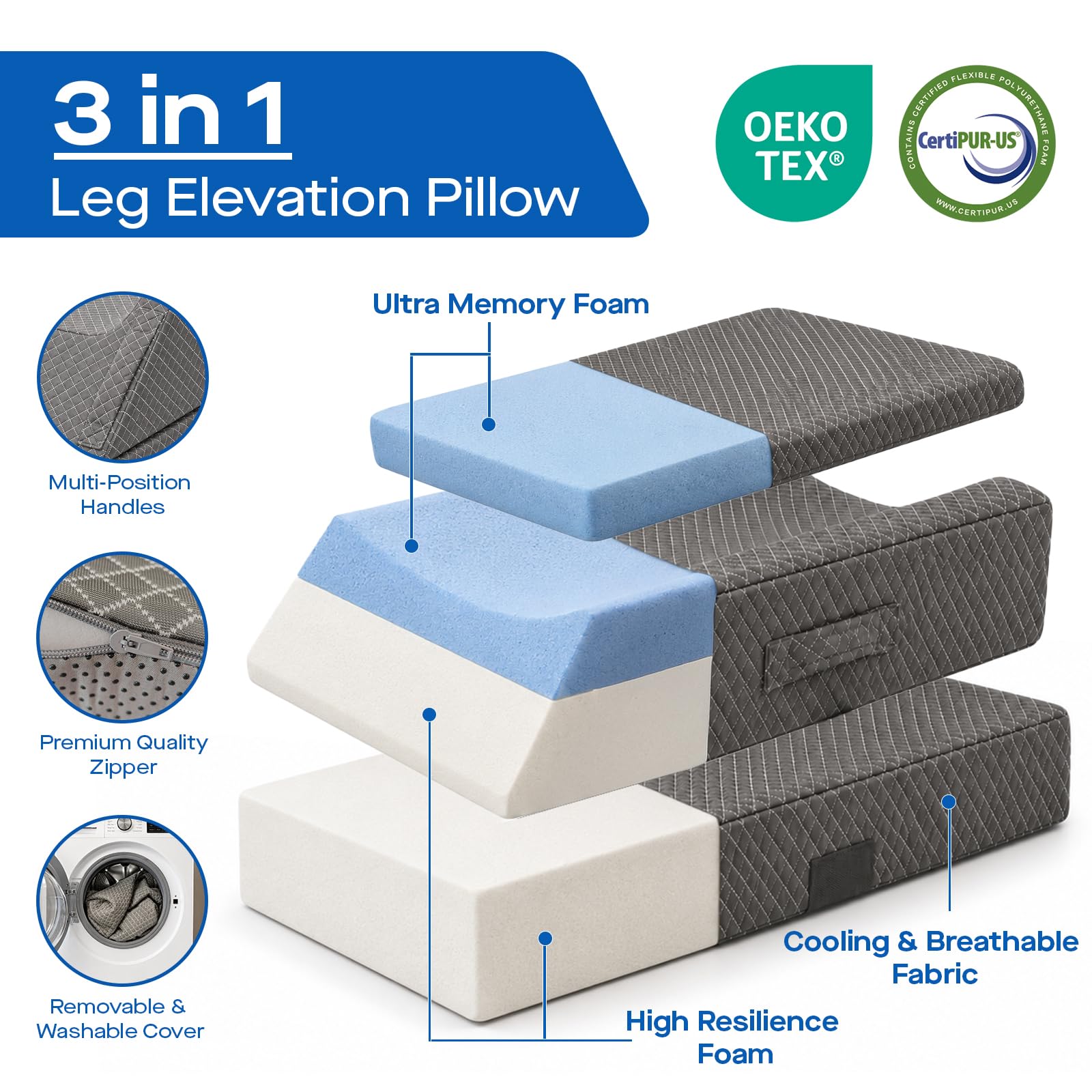 Agrish Almohada elevadora Doble de piernas refrescante | Almohada elevadora 3 en 1 para cama, soporte espuma viscoelástica, apoyo ergonómico para piernas