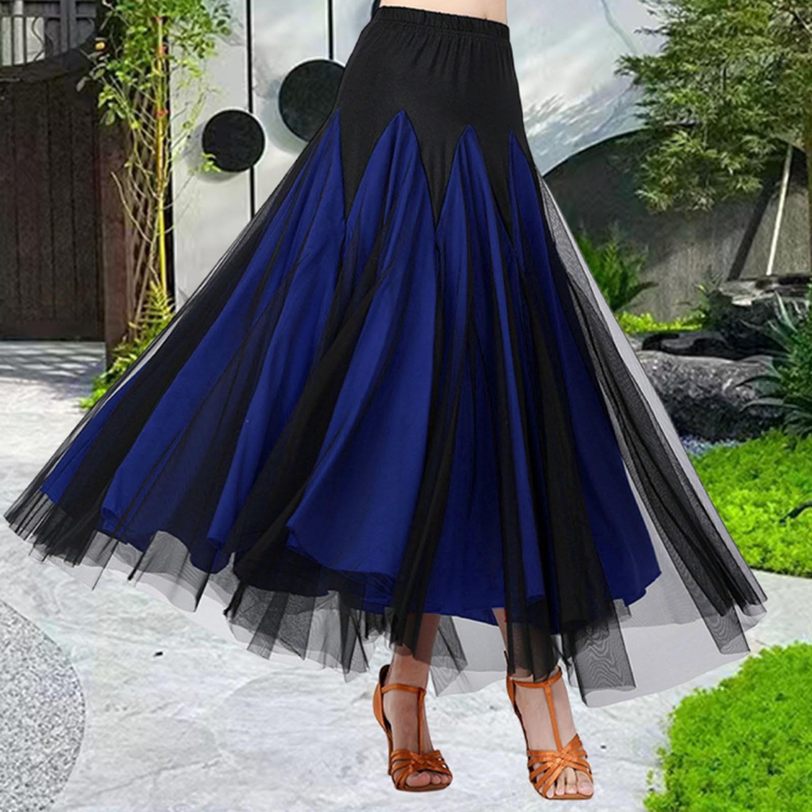 Kleid Tanz für Damen Ballsaalrock Tanzkleid mit Elastischem Bund Und Schwingendem Milchseide Und Mesh für Auftritte Übung Festival C