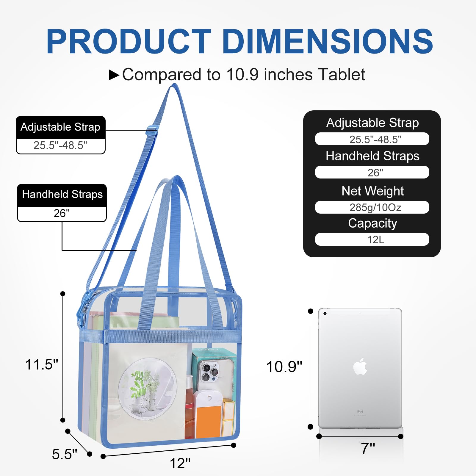 USPECLARE Transparente Tasche für Stadionveranstaltungen, 30,5 x 15,2 x 30,5 cm, transparente Kuriertasche für Konzerte, Arbeit, Sportspiele, Fitnessstudio