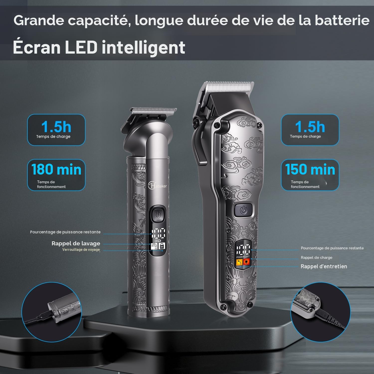 Hatteker Tondeuse à cheveux professionnelle pour hommes Set de tondeuses à barbe et à cheveux T-Blade Trimmer lavable Kit d'entretien sans fil Tondeuse à nez et à corps Tondeuse Cheveux et Barbe Set
