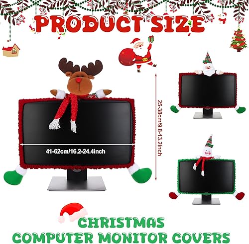Miniatura 7 de Paquete de 2 fundas elásticas de Navidad para monitor de computadora, decoraciones de Navidad, cubierta de borde de monitor de computadora de reno,
