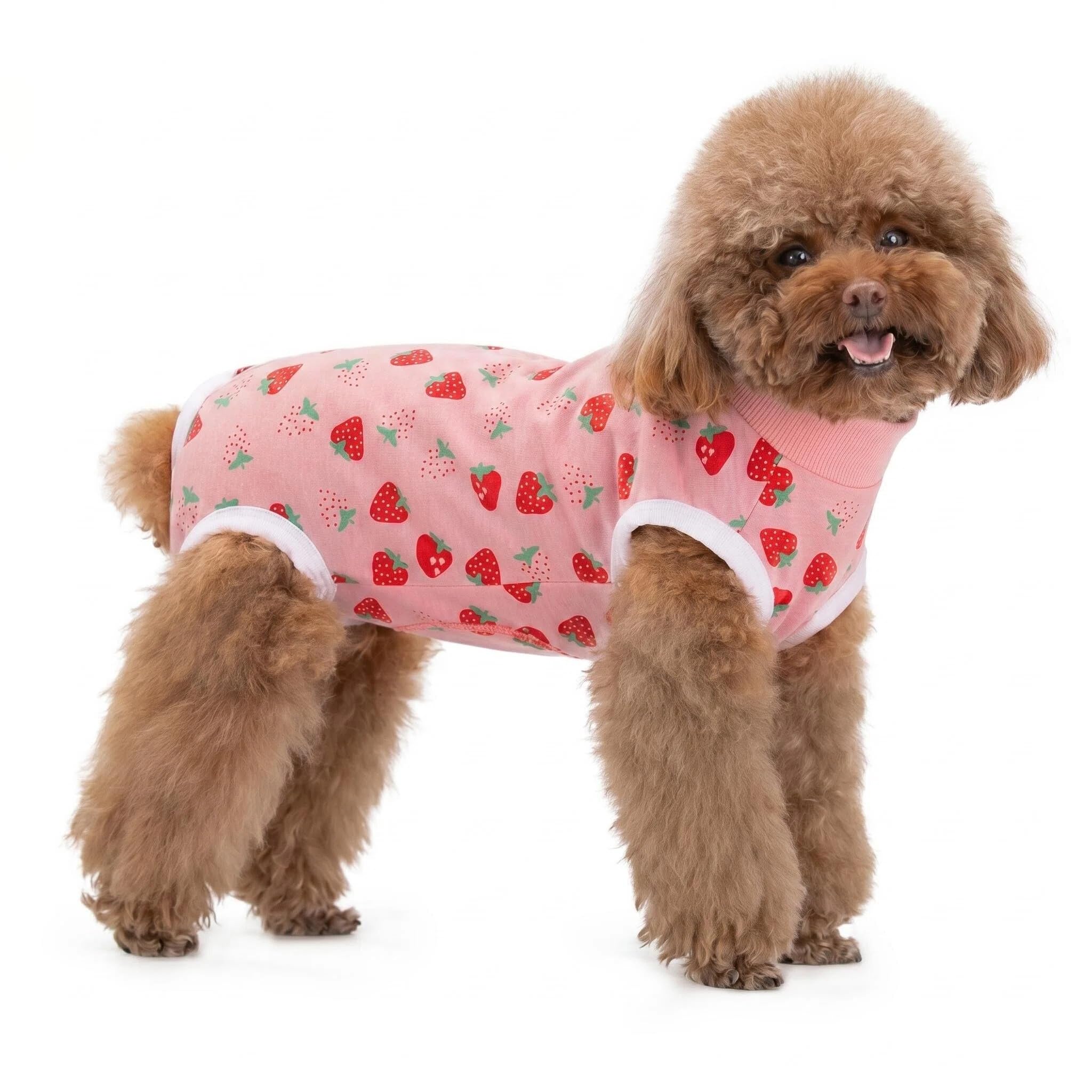 Dog Surgery Recovery Suit Female Male, Dog Surgical Recovery Suit, Yellow & White Stripe or Pink Strawberry, Soft Breathable Anti-Lick Dog Recovery Suit for Post Surgery (Pink Strawberry M)