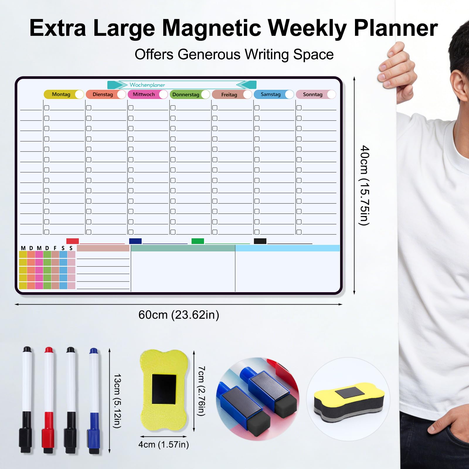 60×40cm Magnetischer Wochenplaner Abwischbar, Magnettafel Kühlschrank, Wiederverwendbarer Monatsplaner, Whiteboard Wochenplan für die Familie, Ernährungsplanung, To-Dos und Arbeit