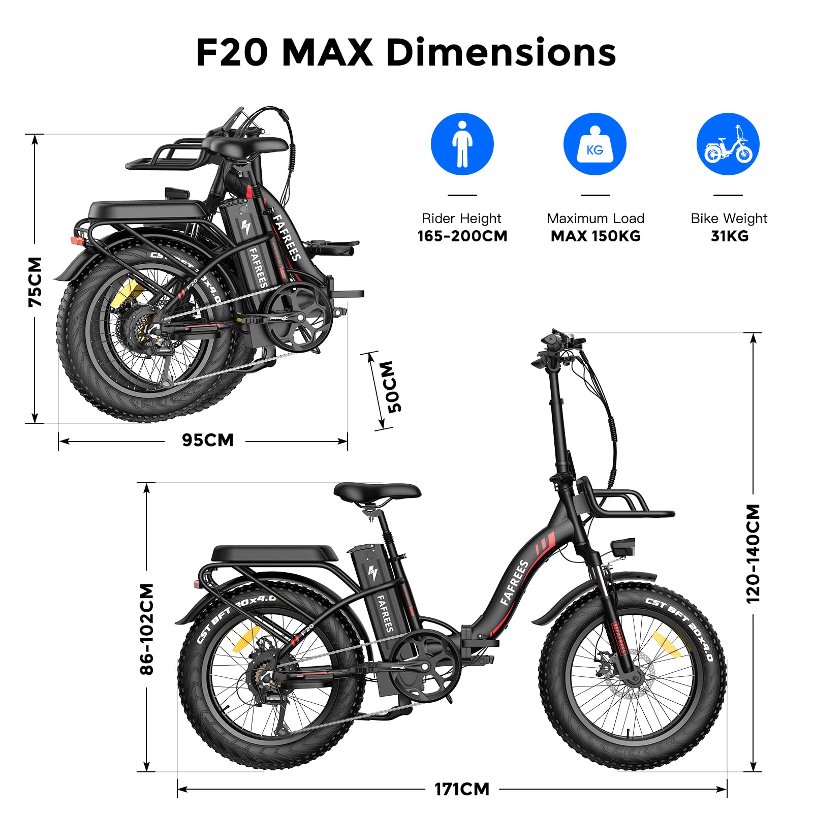 Fafrees F20 MAX [ Offiziell ] Fatbike E-Bike Klapprad 20 Zoll Damen mit 48V 30AH Akku Klapppedal Bremsleuchte, 54N.m Klapprad Elektrisches Fahrrad Mountainbike Herren 150 kg Sport & Freizeit