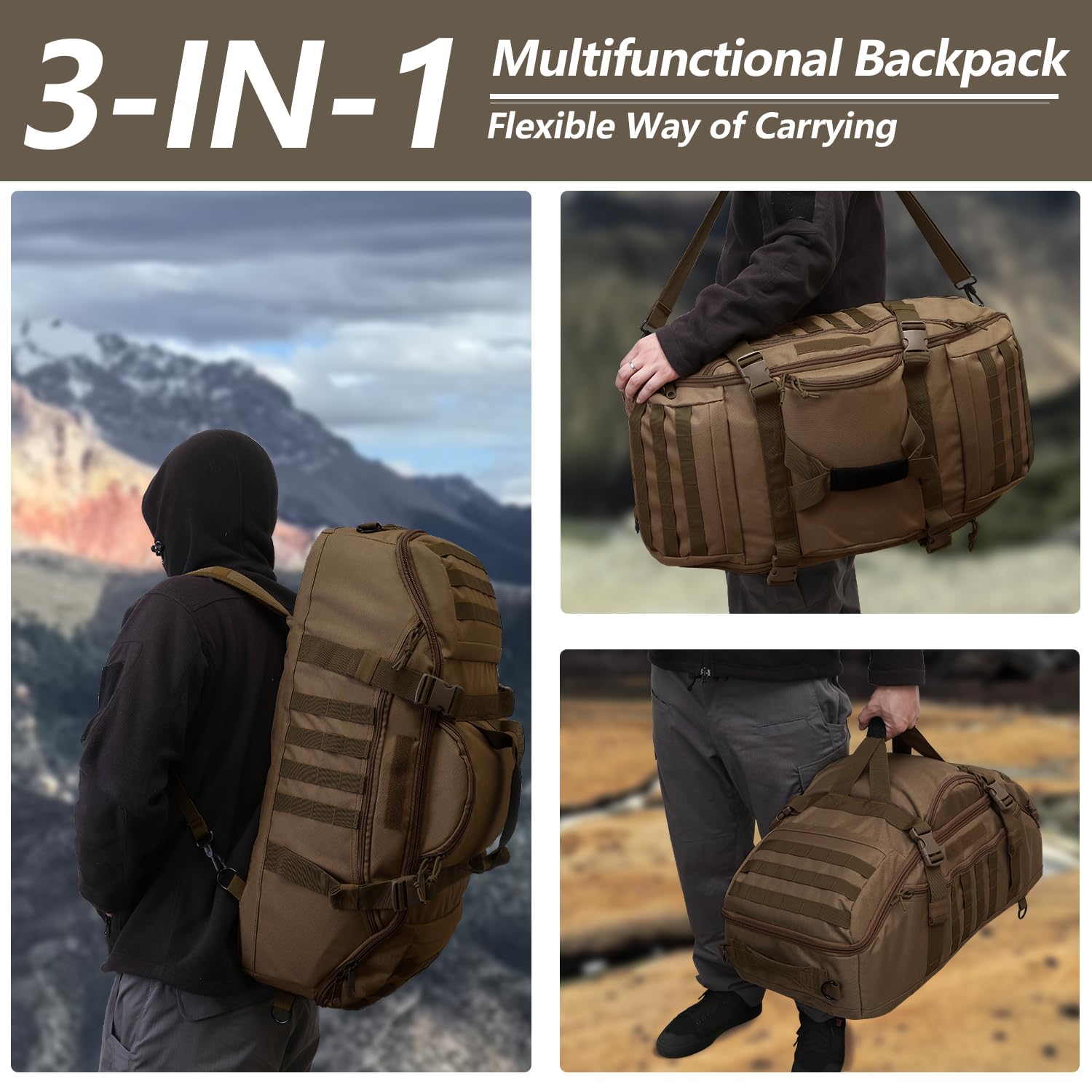 Hannibal Tactical MOLLE - Mochila táctica Grande 3 en 1 para Deportes, Gimnasio, Exteriores, Color Negro