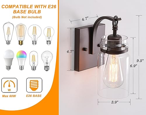 Miniatura 5 de Juego de 2 apliques de pared, apliques de bronce aceitado con vidrio transparente para interiores, granja, baño, aplique de pared para baño,