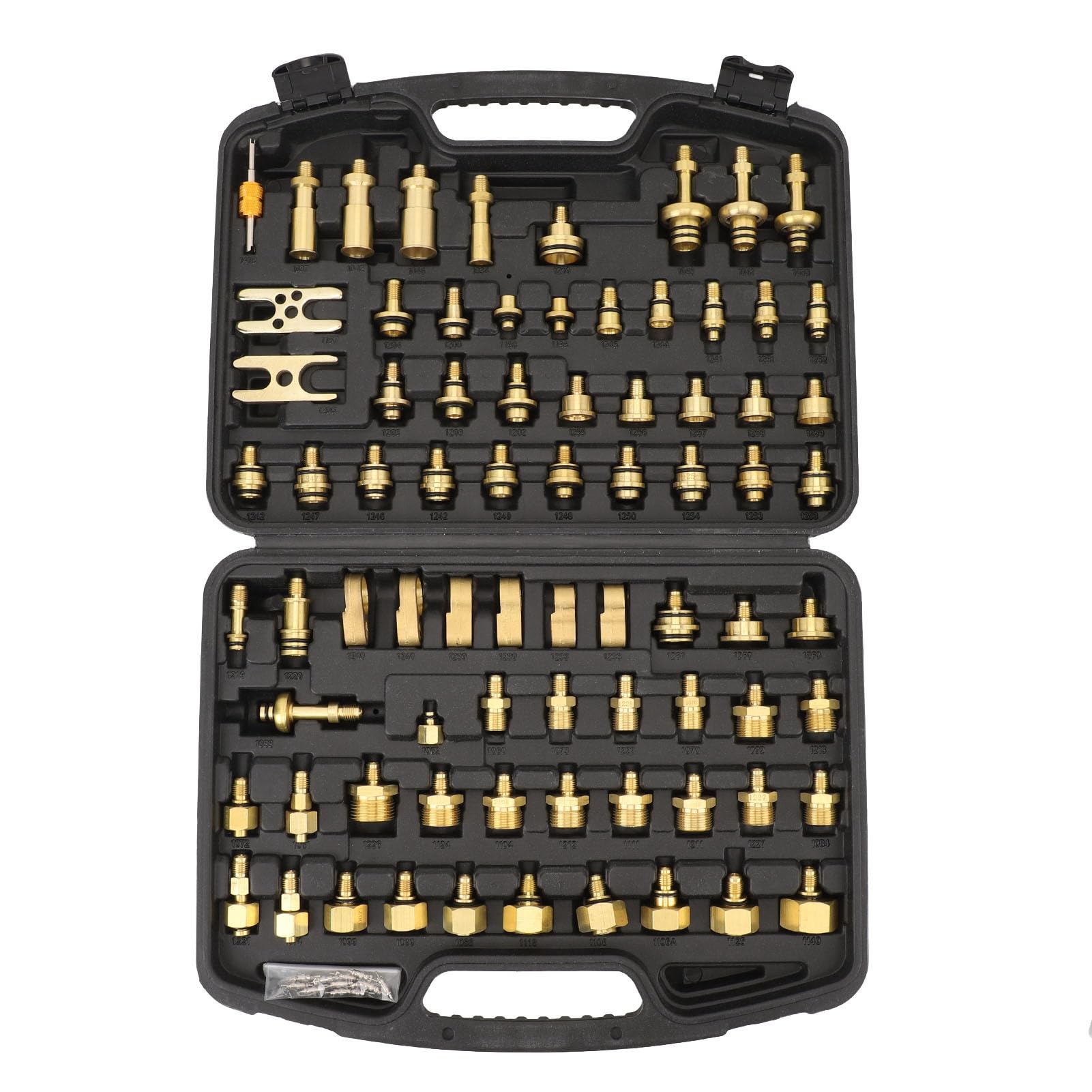 Goshyda Kit Test Perdite Aria Condizionata per Autoveicoli da 77 Pezzi, Strumenti di Rilevamento Perdite CA in Ottone Kit di Riparazione Connettori per CA Auto Auto, Rilevatore di Efficiente con